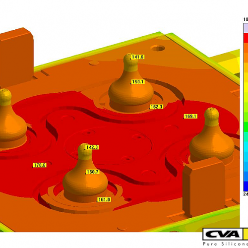 图2 -在动模侧内的热分析显示，奶嘴的底部和顶部之间存在较大的温度梯度。 (c) SIGMA Engineering GmbH