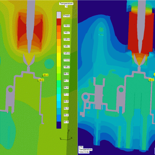 动画 - 比较传统冷却和异形冷却两种冷却方式的模具内部温度分布。 (c) SIGMA Engineering GmbH