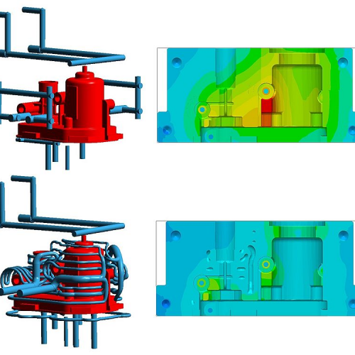 图1 - SIGMASOFT® Virtual Molding模拟不同冷却结构的模具温度。 (c) SIGMA Engineering GmbH